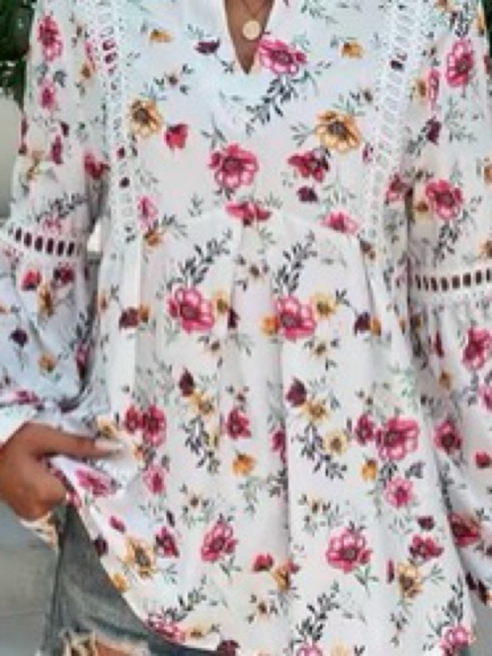 Floral Lace-Trim V-Neck Tunic Top in White with Pink & Yellow Flowers